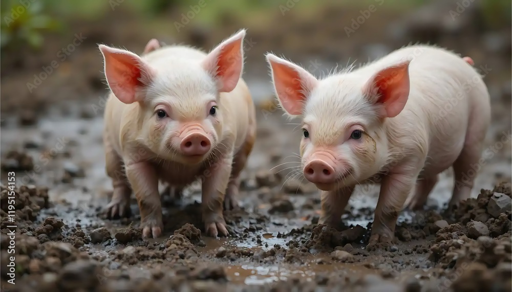Adorable Piglets in Mud: A Charming Rustic Scene Adorable Piglets in Mud: A Charming Rustic Scene