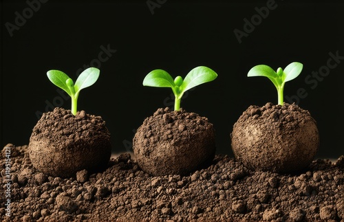 three seed balls with a sprout on the ground on a black background. earth balls. nendo dango.