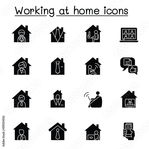 Working at home icons set in thin line style