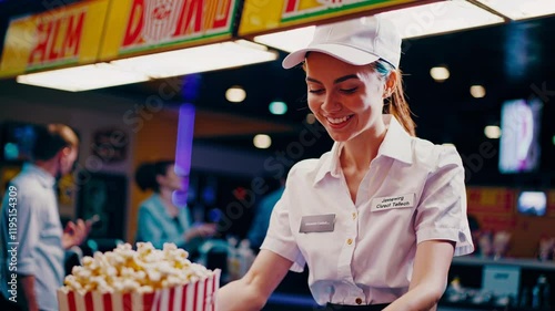Movie Theater Employee Offering Popcorn Box