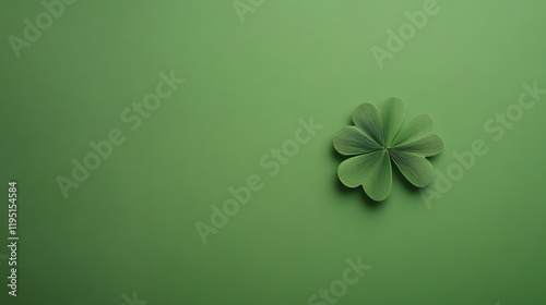 Holiday decoration for St Patrick's Day. Green paper clover leaf in the center of composition. St Patrick's Day four leaf clover on green background.