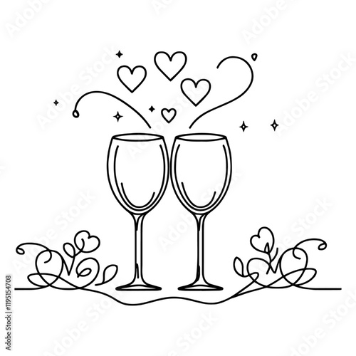 two wine glasses in one line minimalist vector illustration