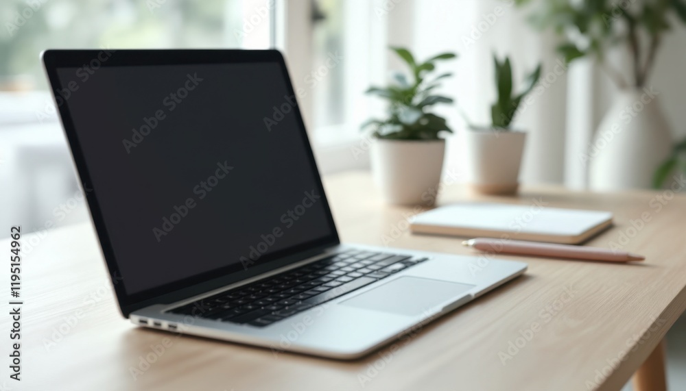 Sleek laptop on minimalist desk with plants and notebook in bright workspace Sleek laptop on minimalist desk with plants and notebook in bright workspace