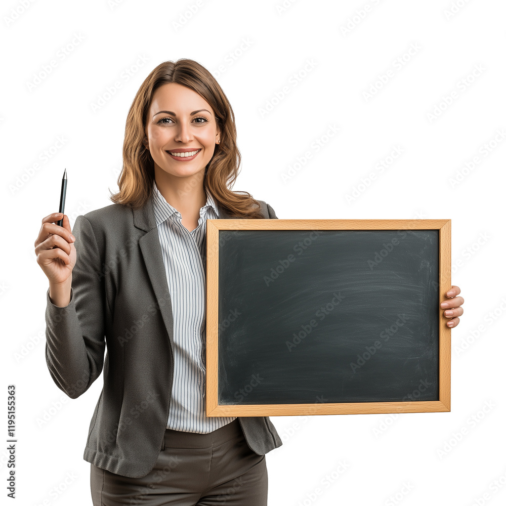 Smiling professional teacher or businesswoman with chalkboard pointer isolated on transparent background Smiling professional teacher or businesswoman with chalkboard pointer isolated on transparent background
