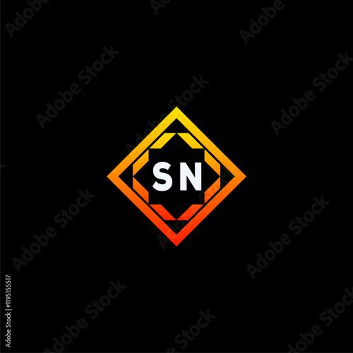 Free Download SN initials dynamic geometric logo design features a bold lettering sign in an orange and black color scheme, displayed against a dark background - GFXLoad