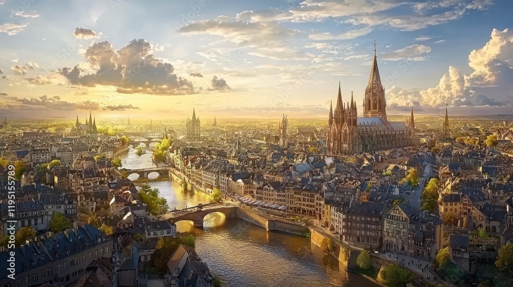 Fototapeta premium Panoramic sunset view of a European city with a cathedral, river, and bridges.