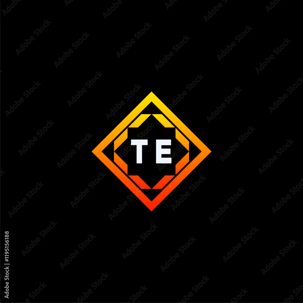 TE initials dynamic geometric logo design features a bold lettering sign in an orange and black color scheme, displayed against a dark background TE initials dynamic geometric logo design features a bold lettering sign in an orange and black color scheme, displayed against a dark background