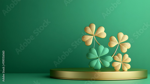 Vibrant St. Patrick's Day themed podium with three-leaf clovers. Product display, presentation. Advertising, promotion design. 