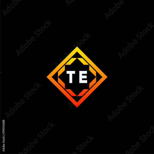 TE initials dynamic geometric logo design features a bold lettering sign in an orange and black color scheme, displayed against a dark background