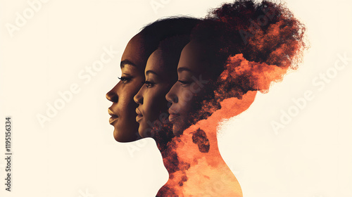 Woman face silhouette in profile with a group of African and African American women faces inside.Concept of racial equality antiracism and a woman who gives a voice to other women