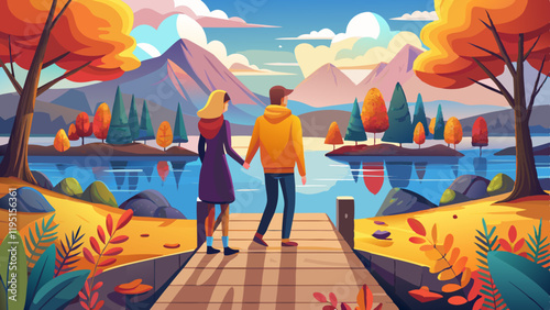 Couple in love holding hands romantic dating family lifestyle relationship man and woman standing on pier outdoor enjoying lake and autumn forest