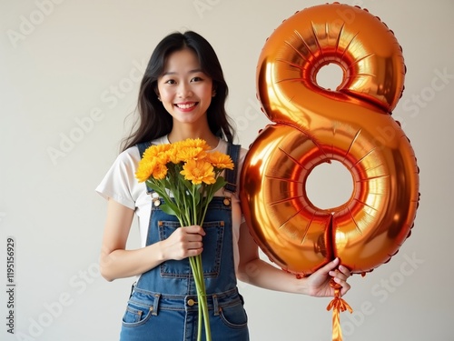 Lovely woman celebrates International Women's Day holding a balloon shaped like the number eight against a simple background with flowers in her hands photo