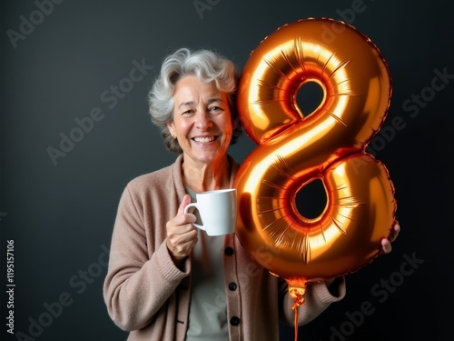 Lovely woman holds orange balloon shaped like number eight while smiling against an isolated dark background, celebrating International Women's Day in March photo