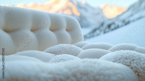 Close-up of a fluffy white sofa with snowy mountains background creating a cozy winter scene