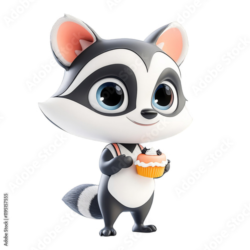 Cute cartoon raccoon with cupcake colorful environment character illustration whimsical style photo