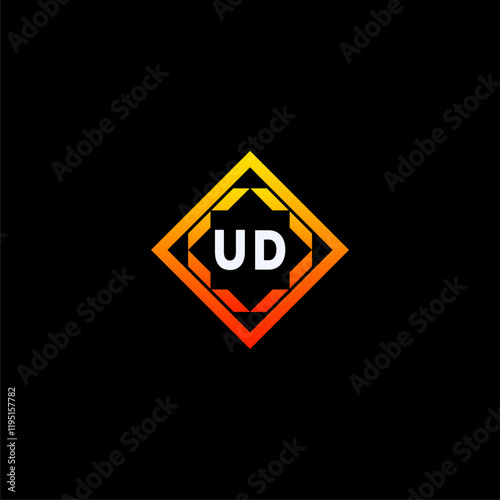 UD initials dynamic geometric logo design features a bold lettering sign in an orange and black color scheme, displayed against a dark background