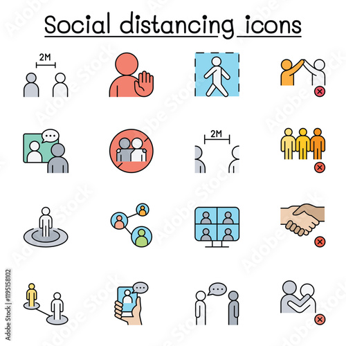 Social distancing icons set in thin line style