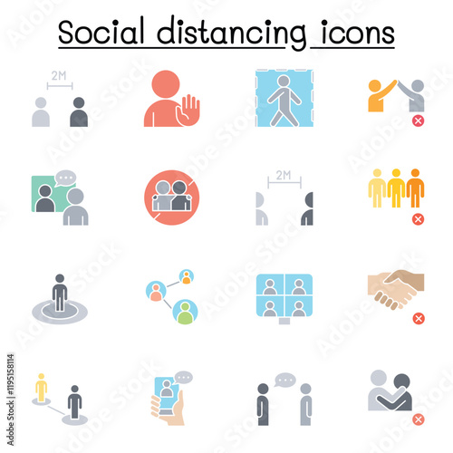 Social distancing icons set in thin line style