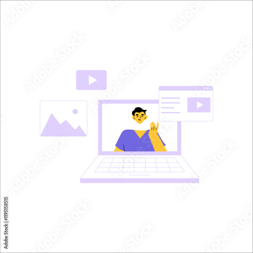 Male Content Creator On Laptop Screen In Flat Vector Illustration Symbolizing Online Content Creation, Video Production, And Social Media Presence, Isolated On White Background.