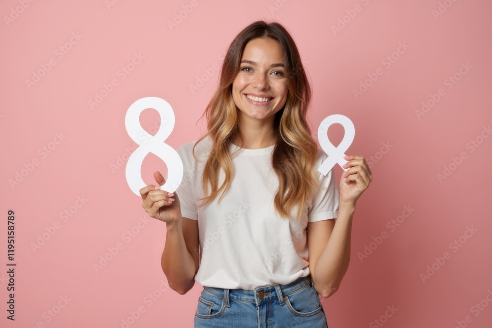Woman holding paper cutouts of numbers eight and two against a pink background, showcasing a playful moment of excitement in a bright, cheerful setting Woman holding paper cutouts of numbers eight and two against a pink background, showcasing a playful moment of excitement in a bright, cheerful setting