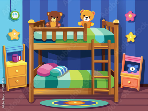 A children's wooden bunk bed with colorful bedding and cuddly teddy bears, creating a cozy and playful atmosphere in a child’s bedroom. Perfect for a playful and comfortable space.