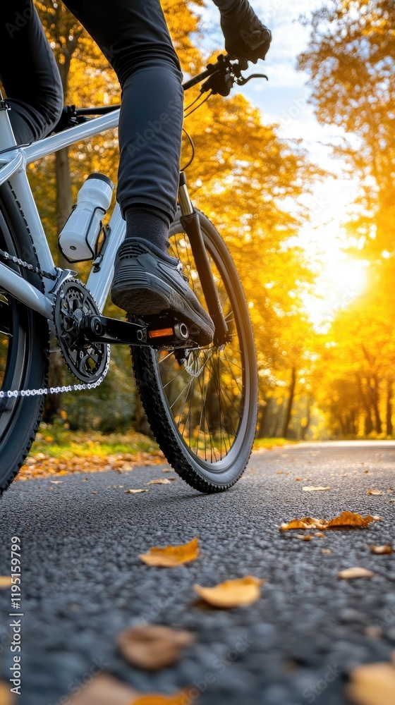 A cyclist pedals joyfully through a stunning autumn landscape, surrounded by brilliant golden leaves as the sun sets in the background