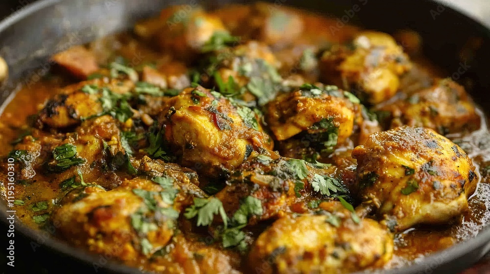 Tasty chicken curry in a pan with wooden spices Tasty chicken curry in a pan with wooden spices