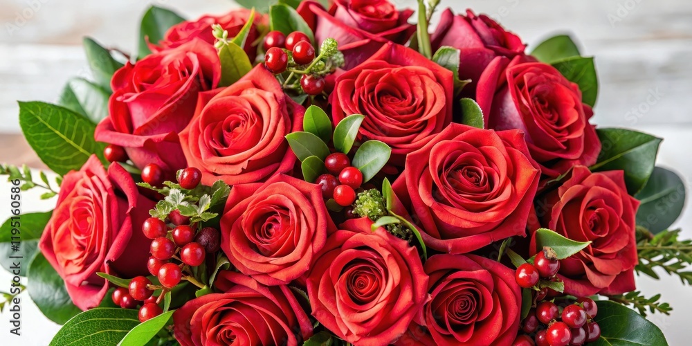 Obraz premium Vibrant roses in a lush bouquet arrangement with greenery and berries, floral arrangement, red flowers