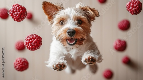Playful Small Dog Leaping Through Air with Falling Raspberries