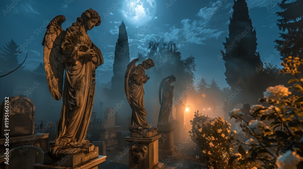 A serene graveyard scene with angel statues under a moonlit sky, surrounded by mist and flowers. A serene graveyard scene with angel statues under a moonlit sky, surrounded by mist and flowers.