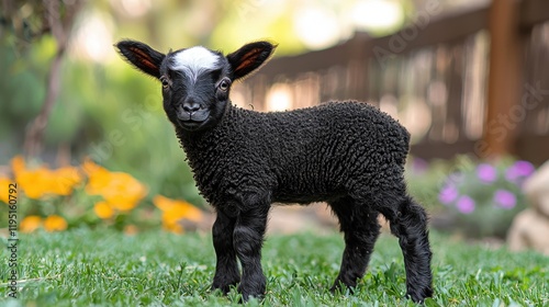 Adorable Black Baby Lamb with White Face in Lush Green Grass