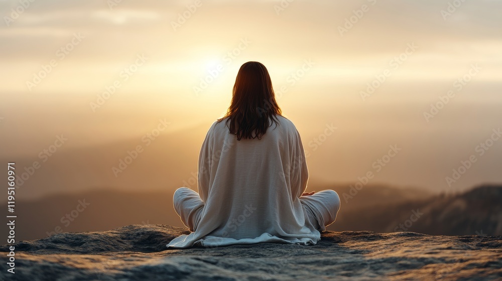 Jesus Christ prays on a quiet mountaintop in the morning sun. The warm golden light and soft sunlight gently casts a soft glow on his face. Jesus Christ prays on a quiet mountaintop in the morning sun. The warm golden light and soft sunlight gently casts a soft glow on his face.