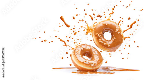 Donuts splashing in caramel glaze, isolated on white background
