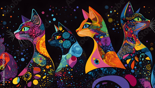 A vibrant, multicolored illustration of stylized cats in profile, with intricate abstract patterns and designs