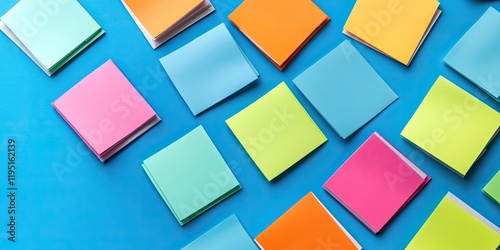 Colorful sticky notes arranged in a pattern on a bright blue surface featuring pink, green, orange, yellow, and light blue squares, top view.