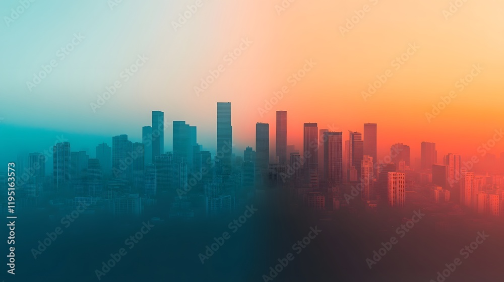 Fototapeta premium Conceptual Cityscape Transitioning from Polluted Haze to Vibrant Skyline