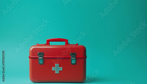 A vibrant red first aid kit against a teal background, perfect for health and safety themes in medical design.