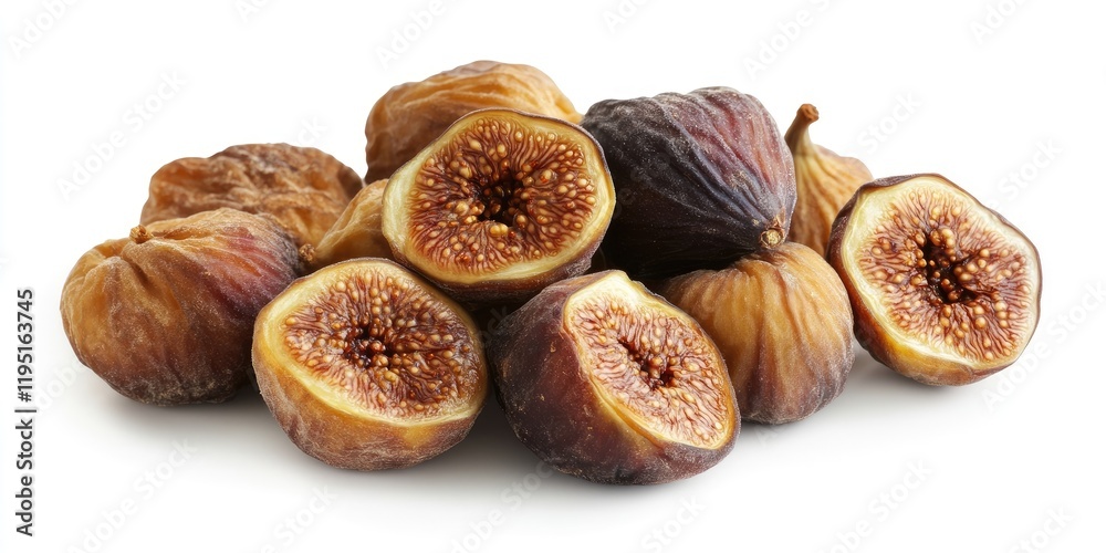 Dried figs in varying shades of brown stacked on a white background showcasing their textured surfaces and rich interior seed patterns. Dried figs in varying shades of brown stacked on a white background showcasing their textured surfaces and rich interior seed patterns.