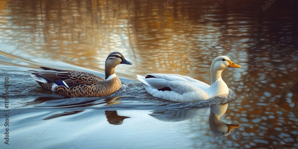 Ducks swimming on calm reflective water at sunrise Featuring a brown female duck and a white male duck with golden hues in the background Ducks swimming on calm reflective water at sunrise Featuring a brown female duck and a white male duck with golden hues in the background