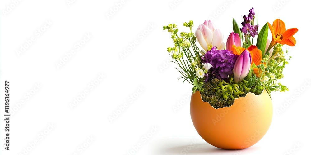 Vibrant spring flowers in an orange eggshell on the right against a white backdrop with room for text, featuring tulips and greenery. Vibrant spring flowers in an orange eggshell on the right against a white backdrop with room for text, featuring tulips and greenery.