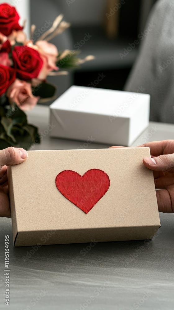 Obraz premium Gift box with heart symbol being handed over in a warm and inviting setting with flowers in the background