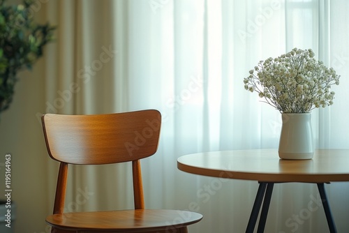 Minimalist dining area with wood chair round table and white baby,s breath flowers against sheer curtains photo