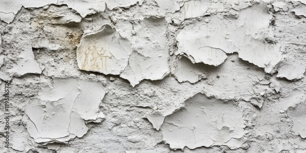 Fototapeta premium Textured close-up of weathered white peeling paint on an old wall showcasing layers of cracked surfaces with a rustic appearance