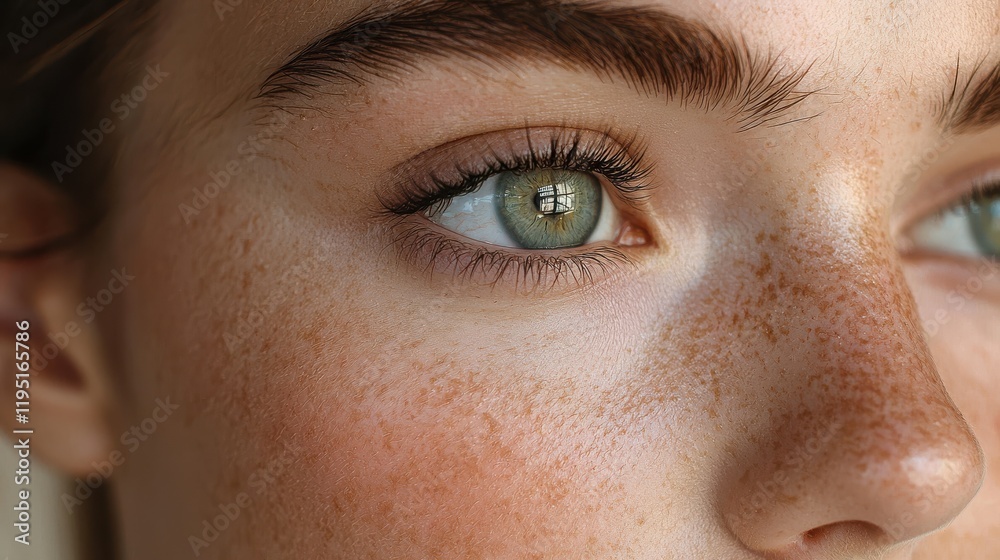 Fototapeta premium close up of woman face showcasing glowing skin, freckles, and captivating green eyes. reflection in her eye adds depth and intrigue to image