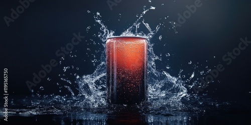 Close-up of a soda can with orange liquid splashing against a dark background, droplets captured in motion highlighting refreshing energy. photo