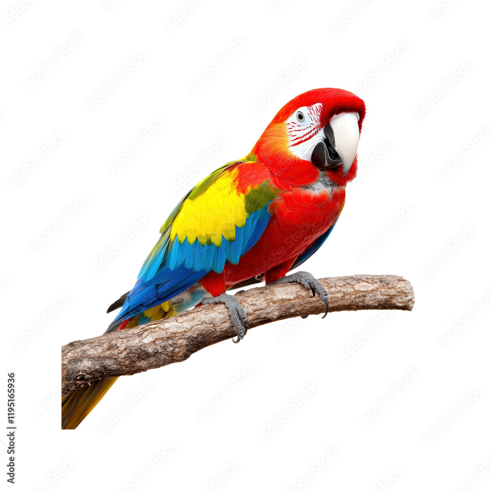 Fototapeta premium Vibrant Scarlet Macaw Perched on Branch Against Transparent Background