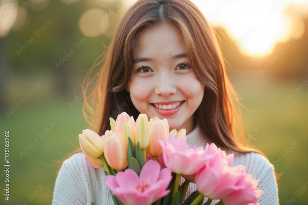 Japanese woman celebrating the beauty and strength of women with flowers on International Women's Day, March 8 in a colorful outdoor setting filled with sunlight Japanese woman celebrating the beauty and strength of women with flowers on International Women's Day, March 8 in a colorful outdoor setting filled with sunlight