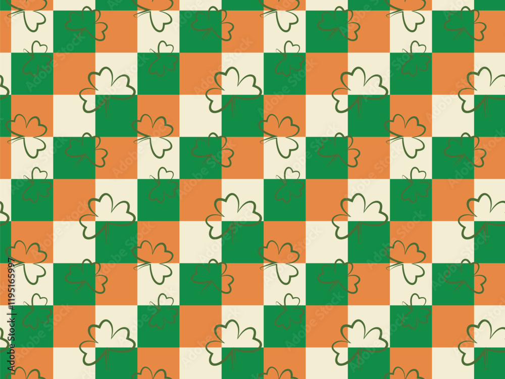 Irish tricolour checkered seamless pattern. Tree leaves clover line traditional symbol of good luck, fortune. St. Patricks spring Celtic culture celebration. Cute vector illustration background Irish tricolour checkered seamless pattern. Tree leaves clover line traditional symbol of good luck, fortune. St. Patricks spring Celtic culture celebration. Cute vector illustration background