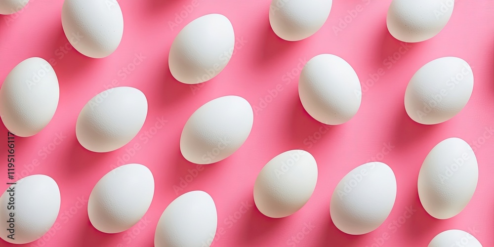Easter themed background with scattered white eggs on vibrant pink surface creating ample copy space for festive designs and promotions Easter themed background with scattered white eggs on vibrant pink surface creating ample copy space for festive designs and promotions