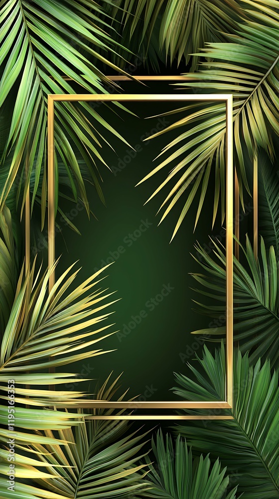 Fototapeta premium Natural Realistic Golden Palm Leaf Tropical Background with frame, vertical